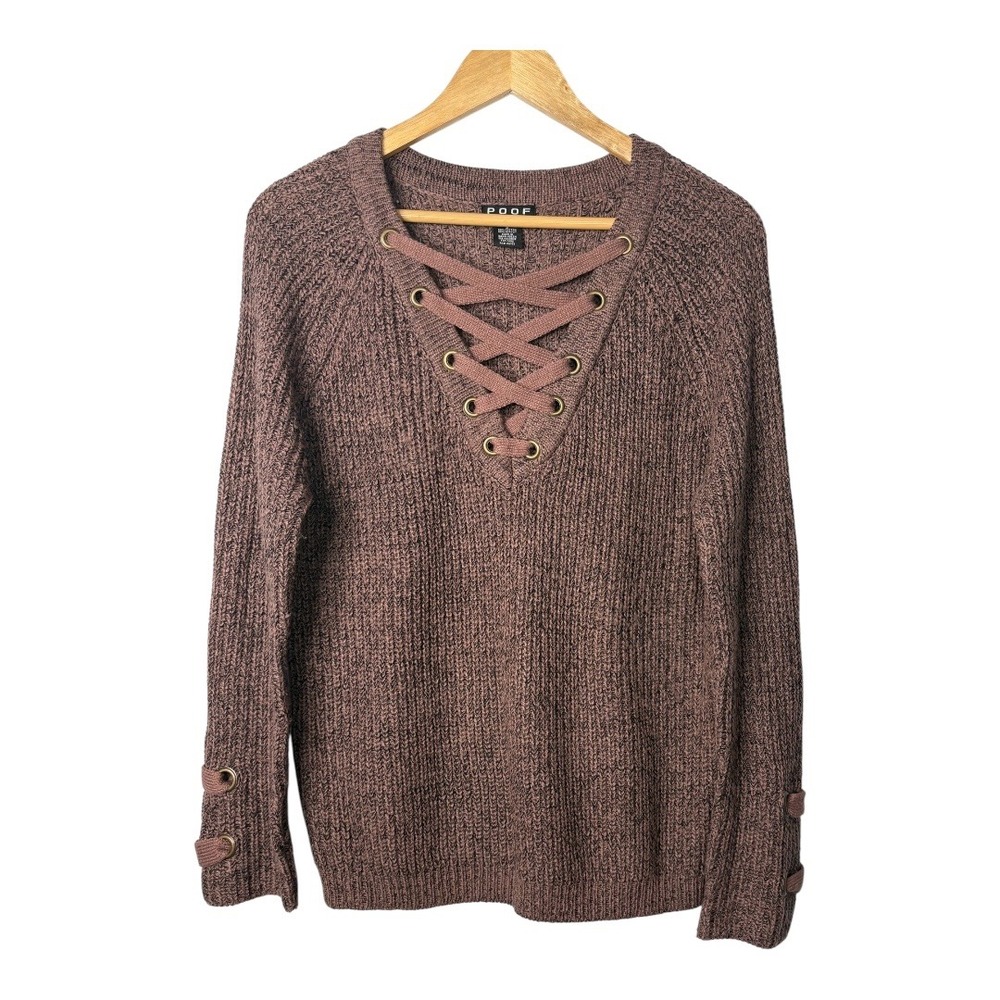 POOF New York Brown Knit Sweater Lace‎ Up Long Sleeve Pullover Women Size Small